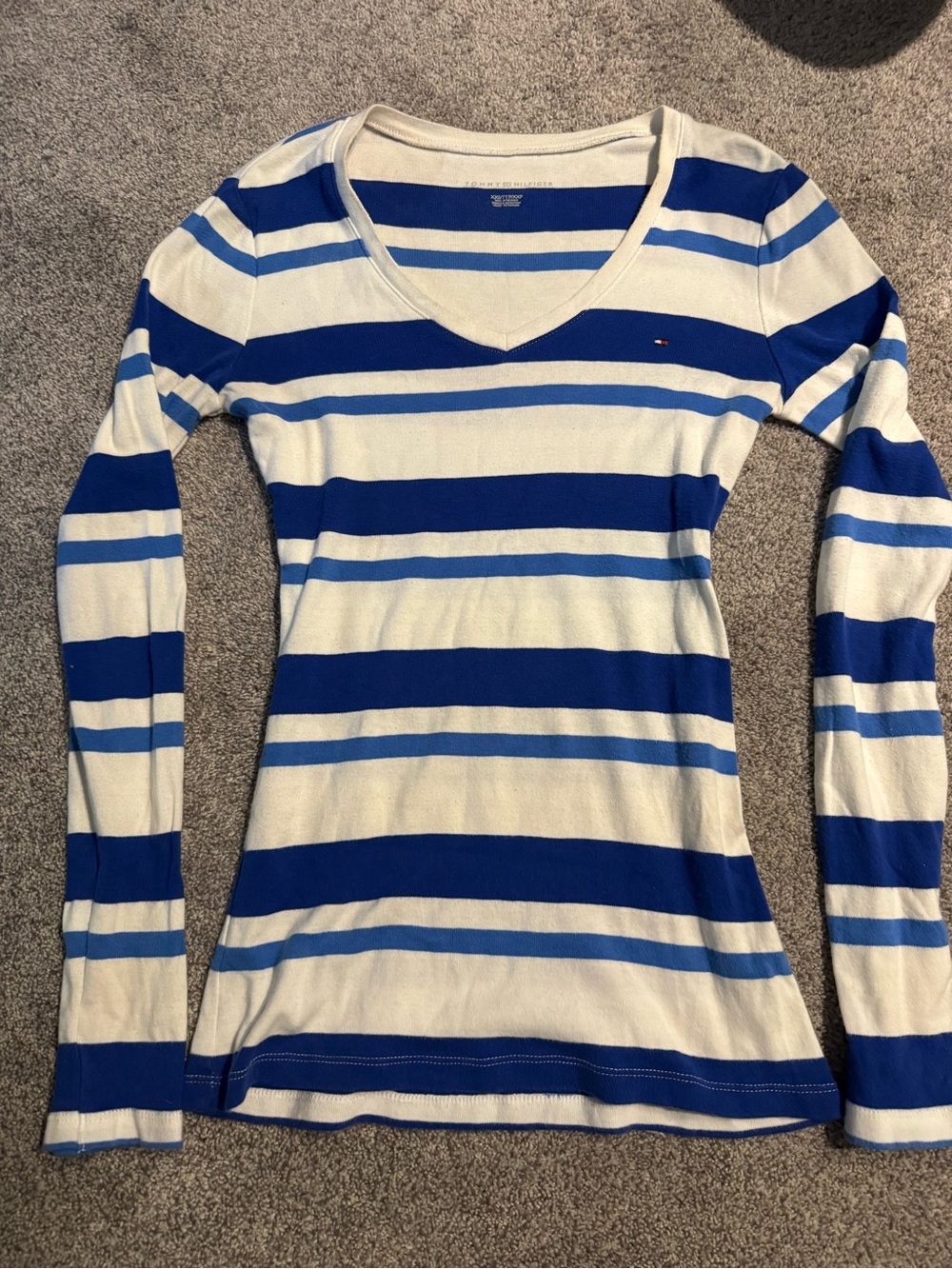 Tommy Hilfiger White and Blue Striped V-Neck Long Sleeve Top